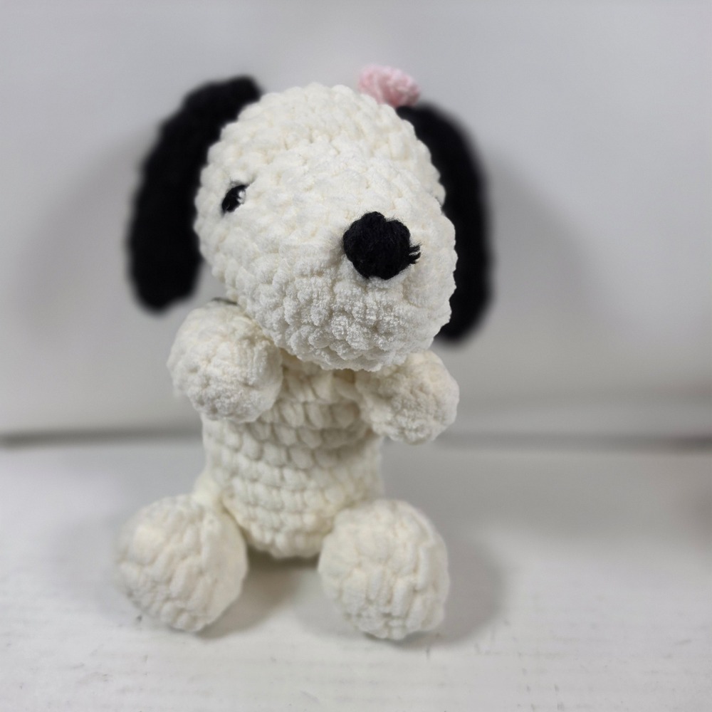 Handmade Crochet Snoopy Plush Amigurumi Dog White Black with Pink Bow Peanuts